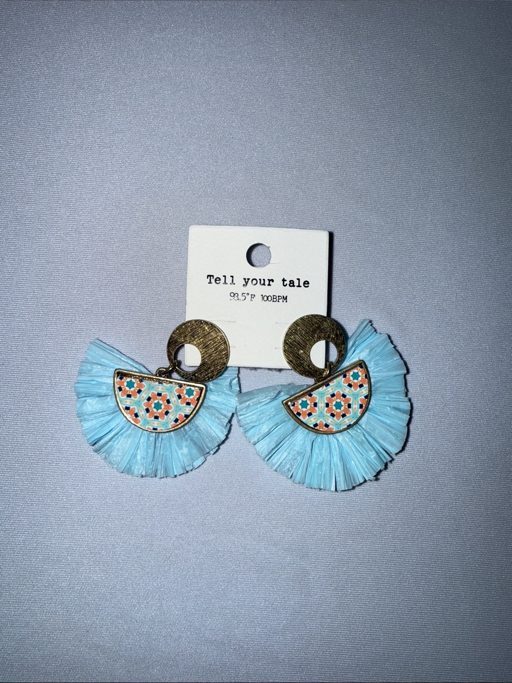 Tell Your Tale Blue Raffia Fan Drop Earrings with Mosaic Accent